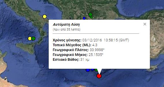 Σεισμός 4,3 Ρίχτερ νότια της Κρήτης