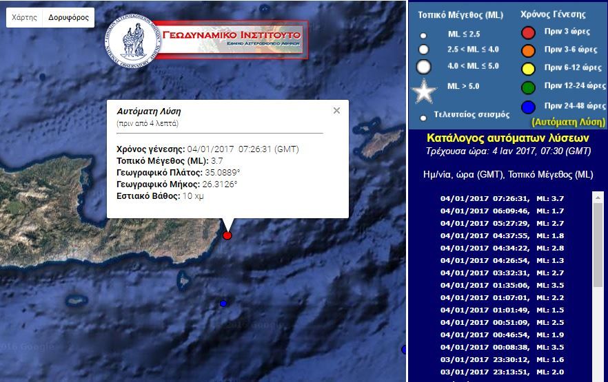 Σεισμική δόνηση 3,7 Ρίχτερ στην Κρήτη – ΤΩΡΑ