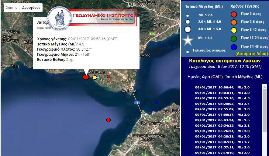 Στα 4,5 Ρίχτερ ο σεισμός στη Ναύπακτο