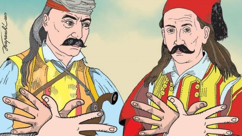 Σάλος με σκίτσο που δείχνει τον Κολοκοτρώνη και τον Μπότσαρη να σχηματίζουν τον αλβανικό αετό – ΦΩΤΟ