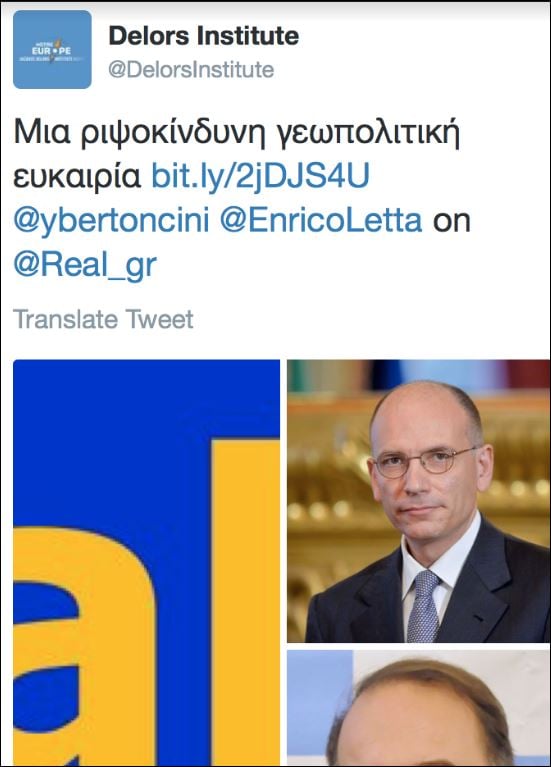 Το Ινστιτούτο Zακ Ντελόρ τουιτάρει στα Ελληνικά άρθρο για την Realnews