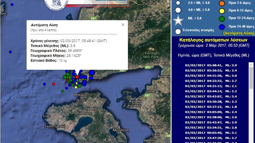 Σεισμός 3,9 Ρίχτερ βόρεια της Λέσβου – ΤΩΡΑ