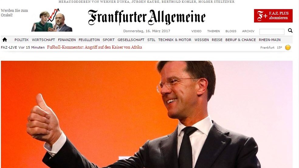 Ο Ρούτε λαμβάνει το 21,2% και 33 έδρες, σύμφωνα με την FAZ