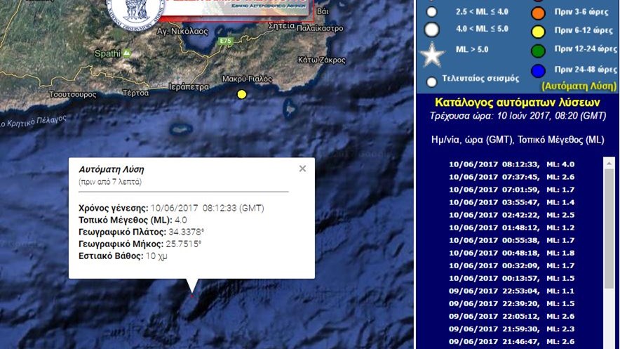 Σεισμός 4 Ρίχτερ νότια της Ιεράπετρας – ΤΩΡΑ