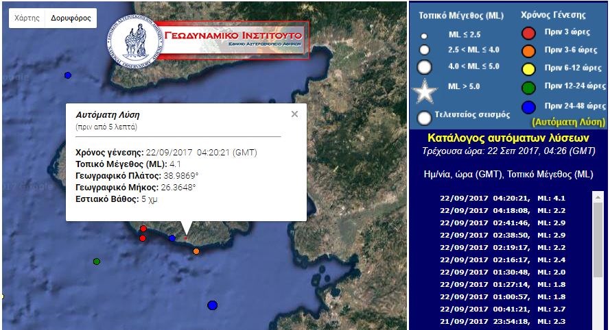 Σεισμός 4,1 Ρίχτερ νότια της Λέσβου – ΤΩΡΑ