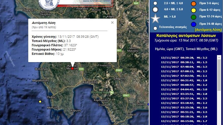 Ασθενής σεισμική δόνηση 3,3 Ρίχτερ στη Μεσσηνία