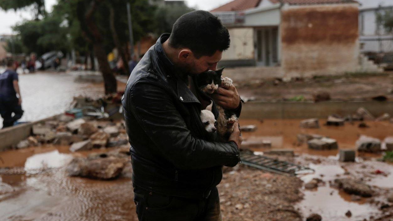 Viral οι φωτογραφίες του άνδρα που σώζει ένα γατάκι και ένα σκυλάκι από τη θεομηνία