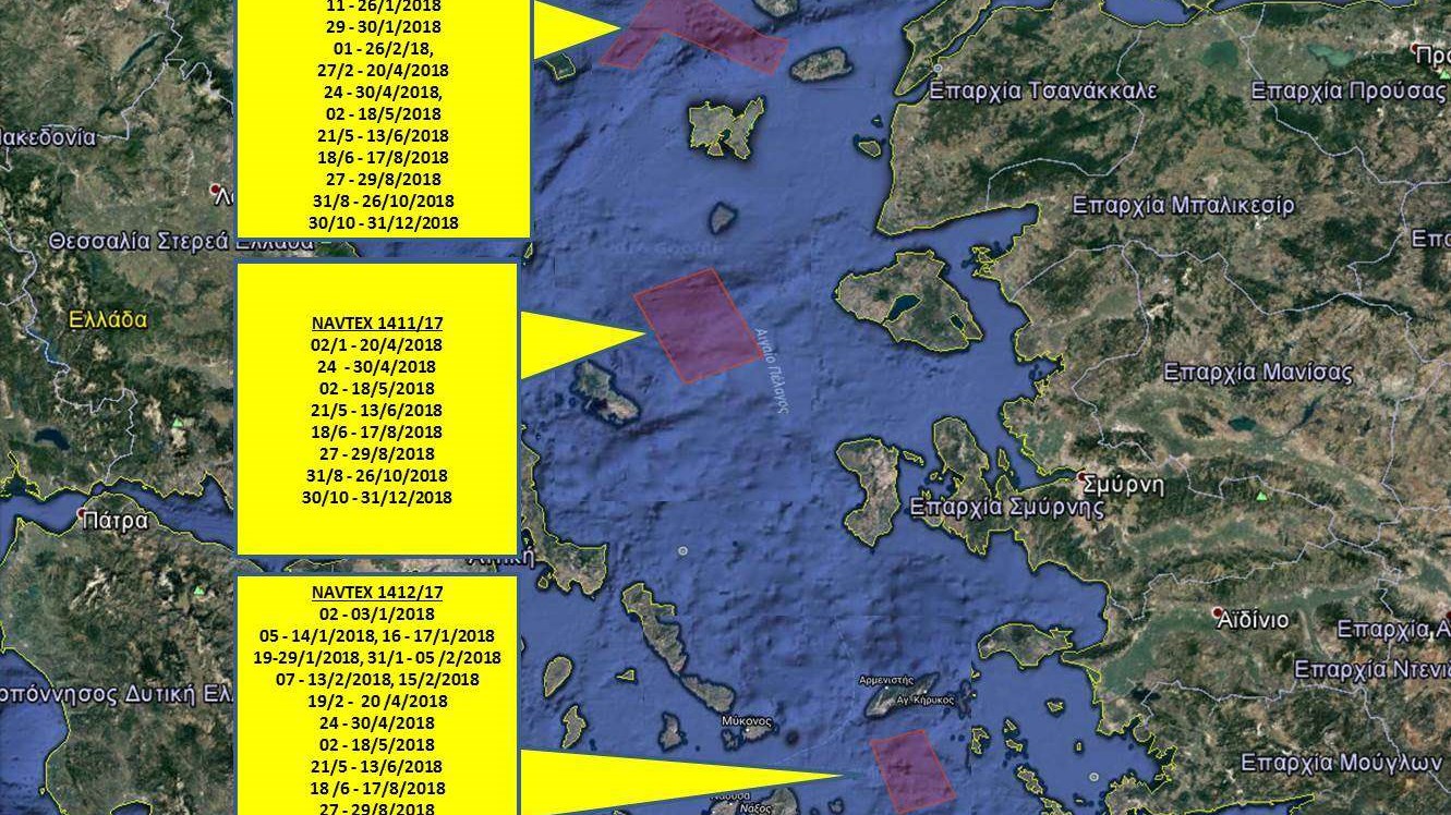 Ασύλληπτη πρόκληση από τους Τούρκους: Δεσμεύουν με NAVTEX τρεις περιοχές στο Αιγαίο για σχεδόν όλο το 2018