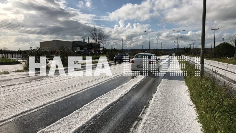 Στα «λευκά» η Πατρών – Πύργου από το χαλάζι – ΦΩΤΟ