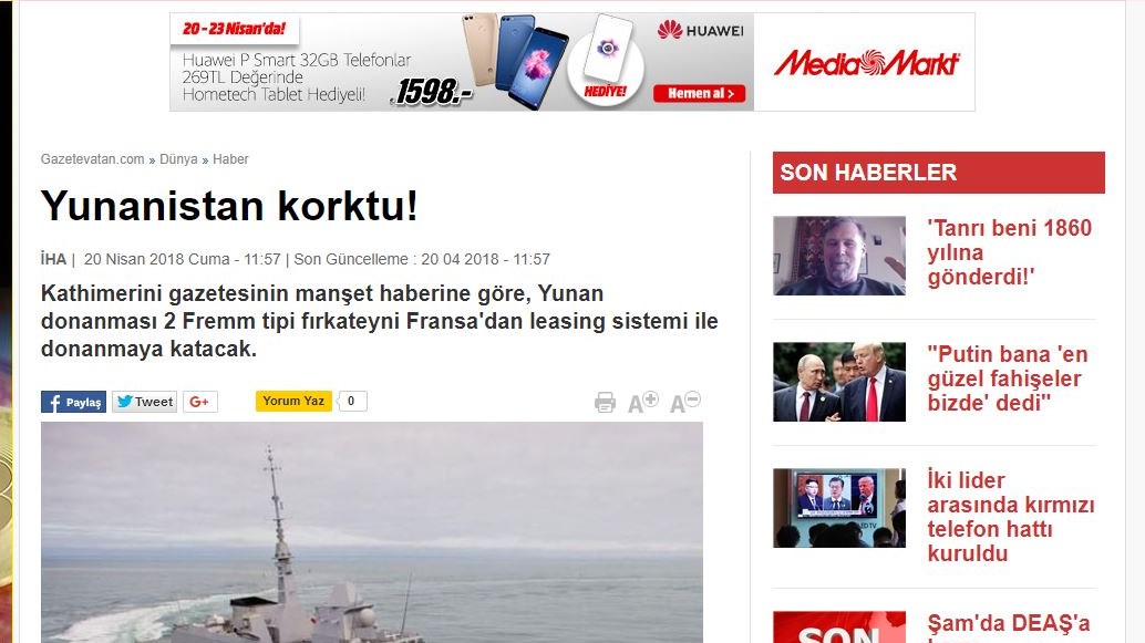 Ο τουρκικός Τύπος για την απόκτηση γαλλικών φρεγατών από το Π.Ν.:Η Ελλάδα φοβήθηκε – ΦΩΤΟ