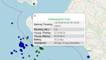 Σεισμική δόνηση 3,8 Ρίχτερ ανοιχτά της Ζακύνθου – ΤΩΡΑ