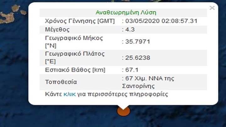 Σεισμός 4,3 Ρίχτερ νοτιοανατολικά της Σαντορίνης