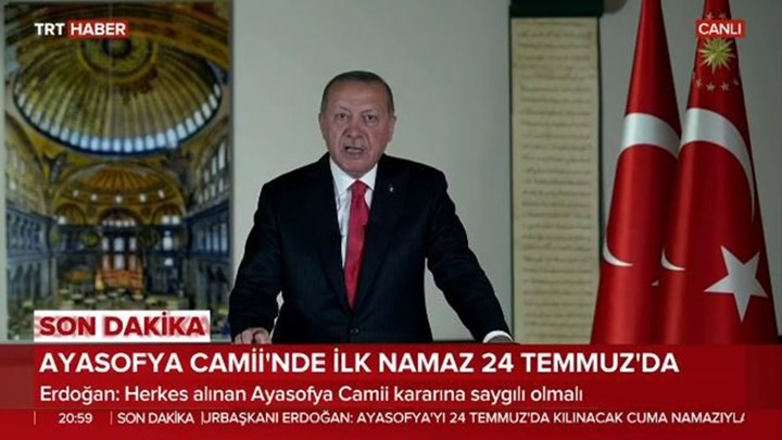Ερντογάν: Στις 24 Ιουλίου θα γίνει προσευχή στην Αγία Σοφία