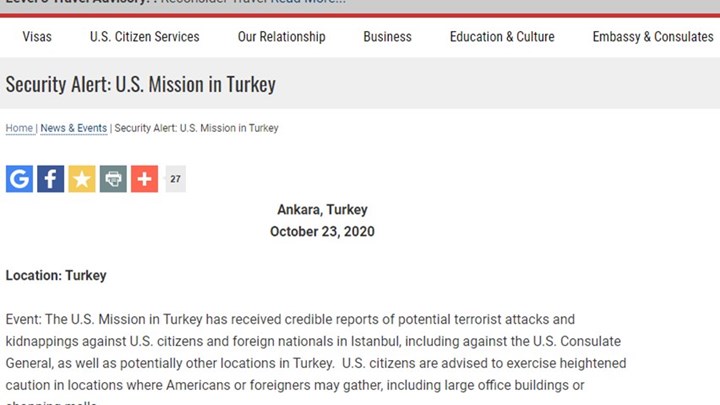 Η πρεσβεία των ΗΠΑ στην Τουρκία προειδοποιεί για τρομοκρατικές επιθέσεις