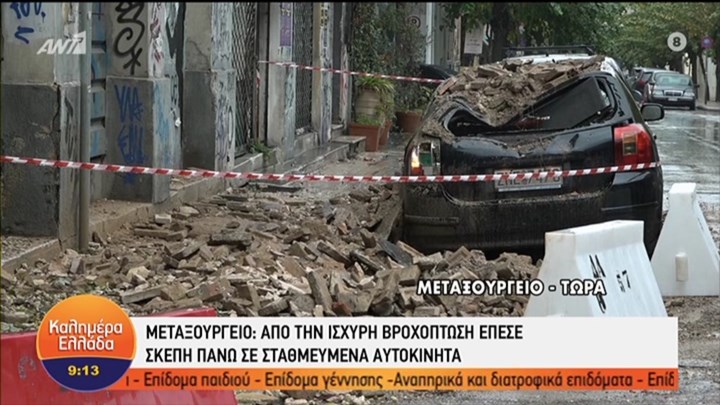 Μεταξουργείο: Έπεσε σκεπή πάνω σε αυτοκίνητα λόγω της κακοκαιρίας