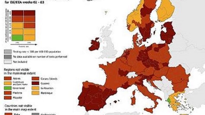 Κορονοϊός-Χάρτης ECDC: Στο “πορτοκαλί” η Ελλάδα – Η μοναδική χώρα με “πράσινες” περιοχές