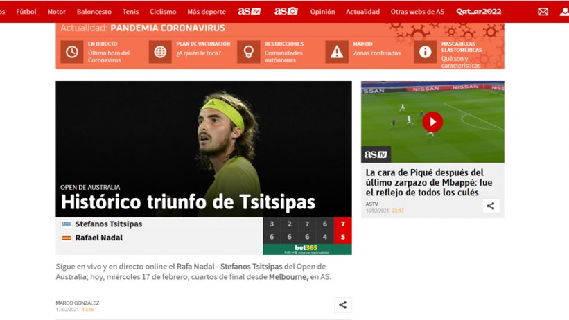 Στέφανος Τσιτσιπάς: Πρώτο θέμα στα ισπανικά ΜΜΕ ο θρίαμβός του επί του Ναδάλ