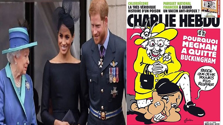 Σάλος στη Βρετανία από το εξώφυλλο του Σαρλί Εμπντό – Η βασίλισσα γονατίζει στον λαιμό της Μέγκαν