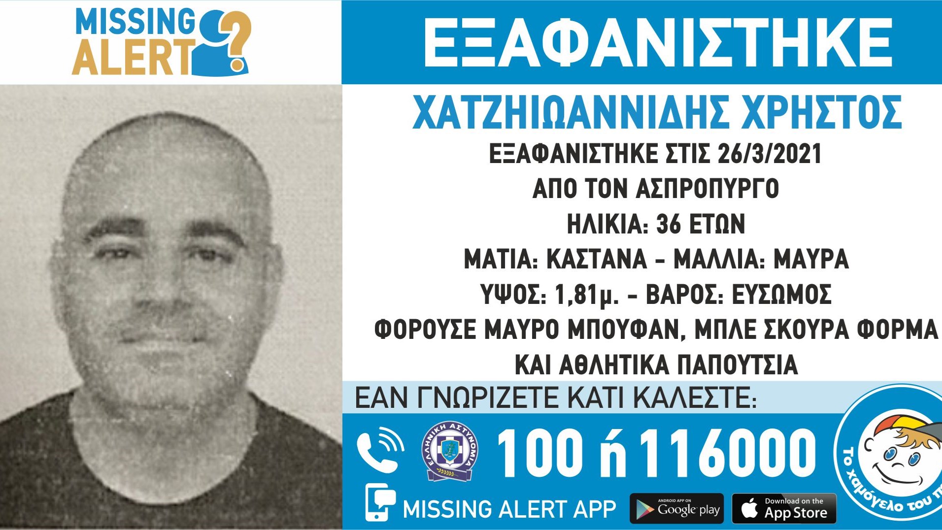 Missing Alert για τον 36χρονο Χρήστο – Εξαφανίστηκε από τον Ασπρόπυργο