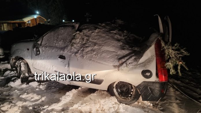 Τρίκαλα: Καταπλακώθηκε αυτοκίνητο από χιονισμένο έλατο – ΒΙΝΤΕΟ