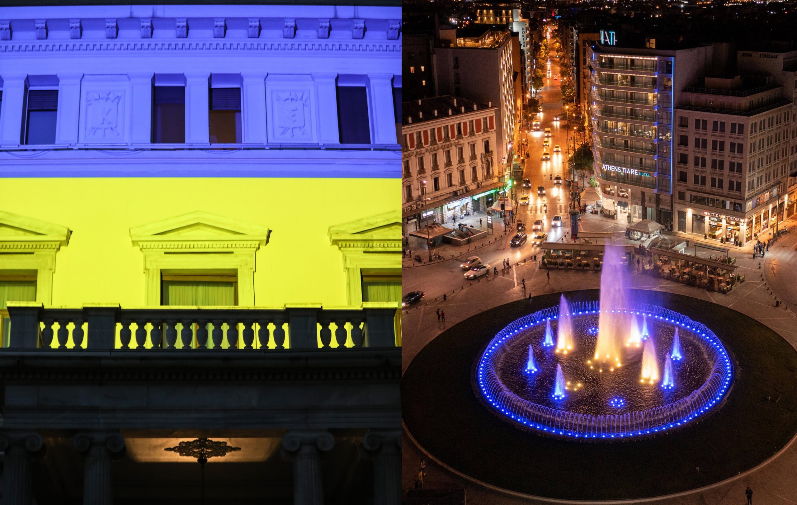 Στα χρώματα της Ουκρανίας το σιντριβάνι της Ομόνοιας και το Προεδρικό Μέγαρο – ΦΩΤΟ