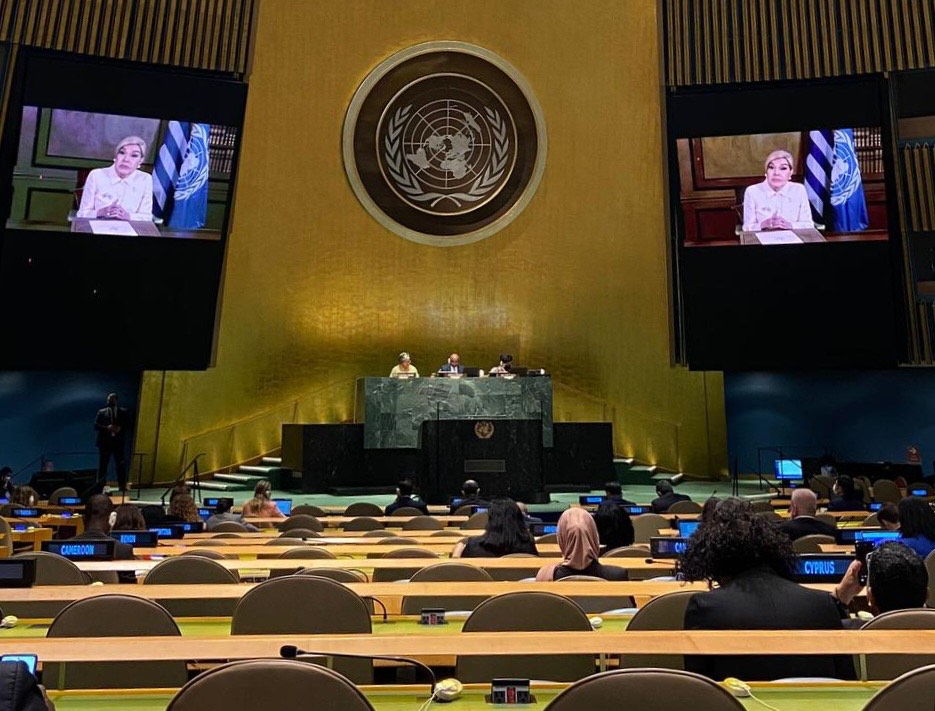 Η Μαριάννα Β. Βαρδινογιάννη κατά την ομιλία της στην Αίθουσα Γενικής Συνέλευσης του ΟΗΕ