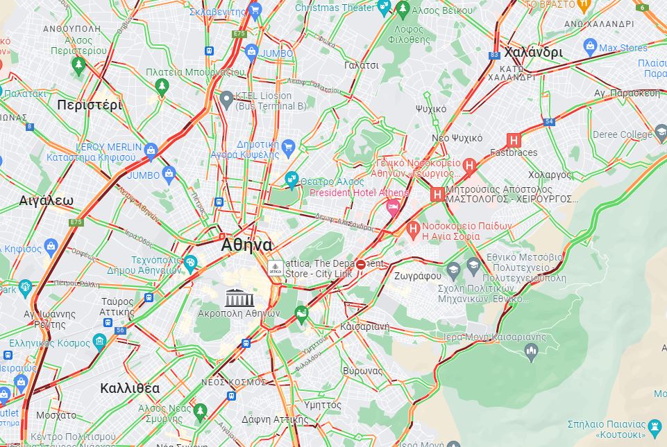 Στο «κόκκινο» κεντρικοί δρόμοι και Αττική Οδός – Δείτε live την κίνηση στους δρόμους