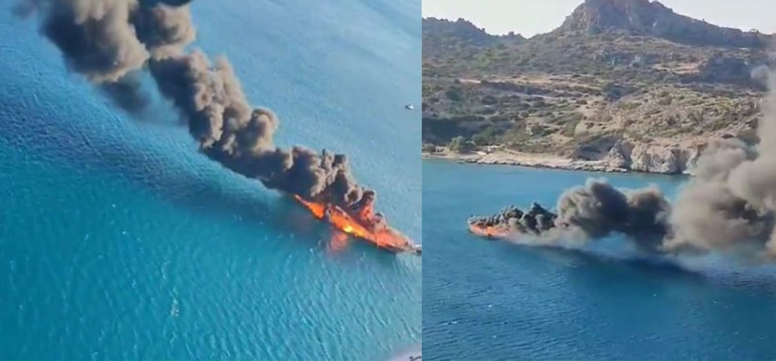 Ρόδος: Το φλεγόμενο ημερόπλοιο από ψηλά – Συγκλονιστικό ΒΙΝΤΕΟ από ελικόπτερο