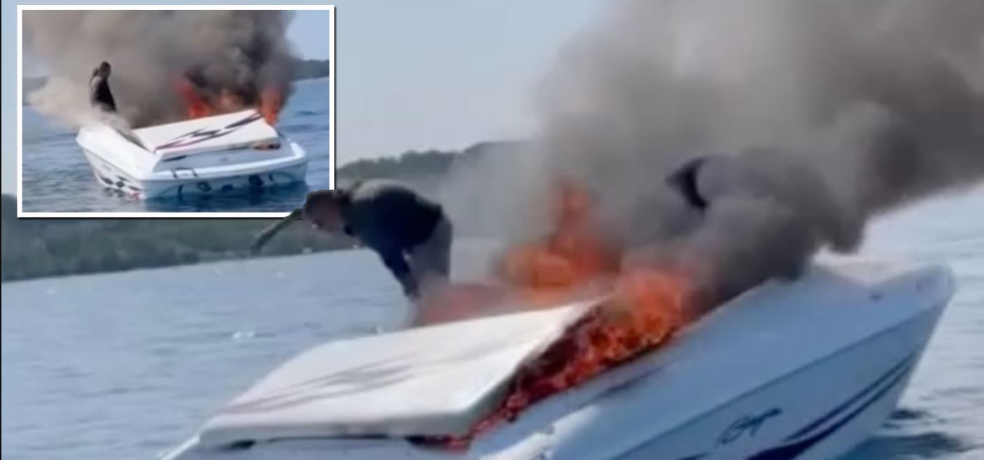 Βίντεο: Πήδηξαν από το φλεγόμενο σκάφος λίγα δευτερόλεπτα πριν εκραγεί