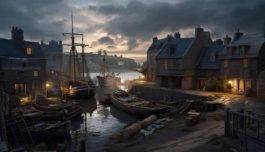 Καλλιτεχνική απεικόνιση ενός μεσαιωνικού λιμανιού.