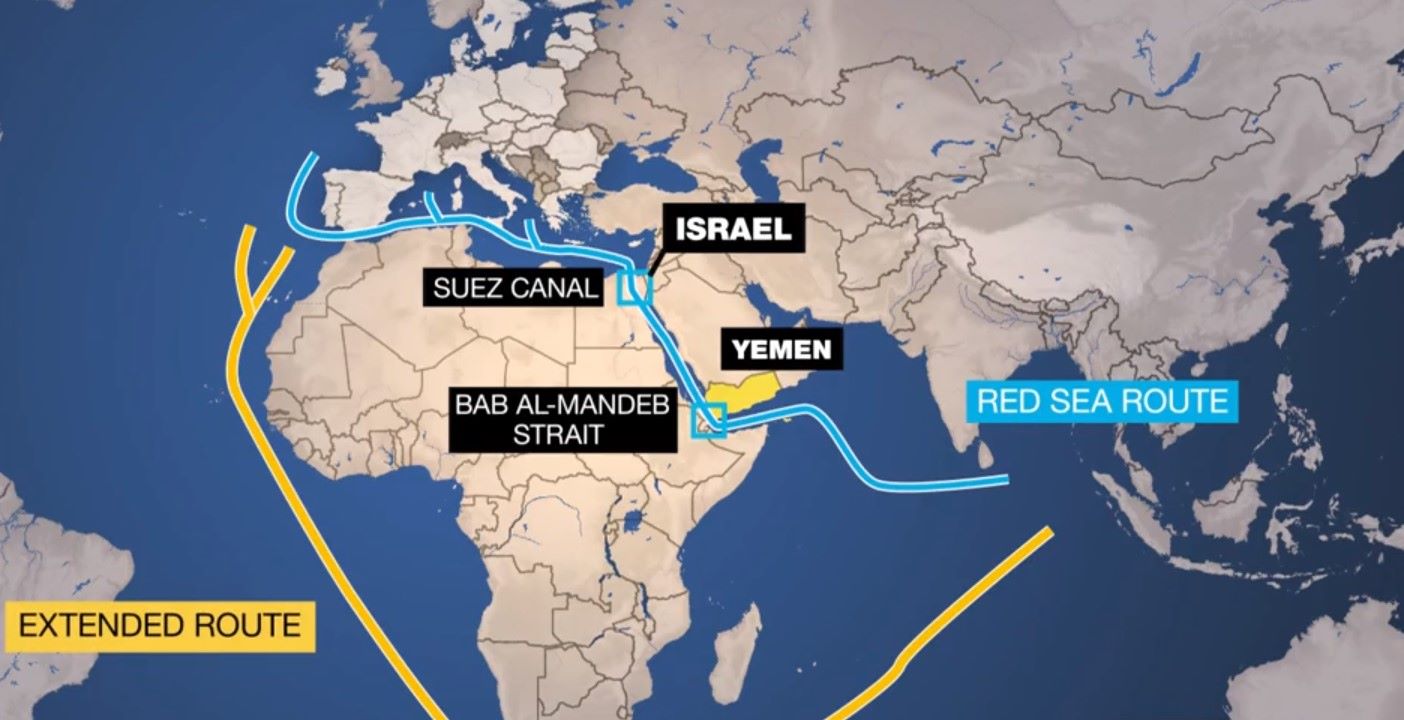 Με μπλε χρώμα η διαδρομή των πλοίων μέσω της Ερυθράς Θάλασσας. Με κίτρινο χρώμα η εναλλακτική διαδρομή των πλοίων γύρω από την Αφρική.