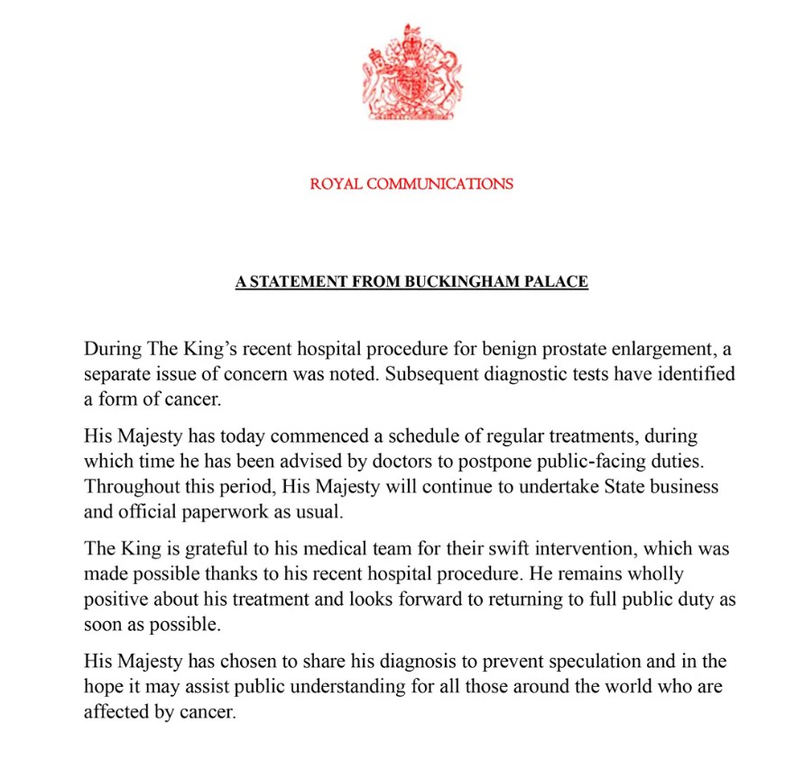 Η ανακοίνωση του Παλατιού του Μπάκιγχαμ για την διάγνωση του βασιλιά Καρόλου με καρκίνο.