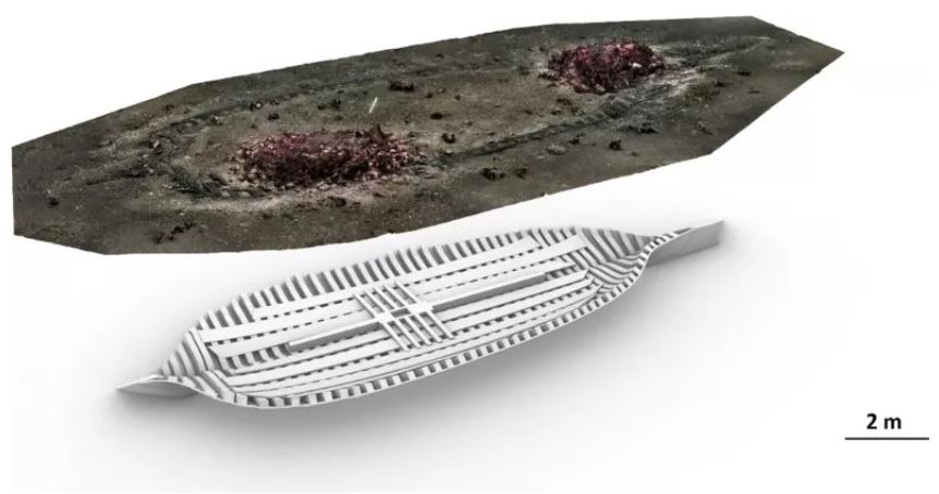 Αναπαράσταση και τρισδιάστατο μοντέλο του υποτιθέμενου σχήματος του συντηρημένου ναυαγίου του Avaldsnes. Τα απομεινάρια του σκάφους βρίσκονται στα ανοικτά των ακτών της Νορβηγίας.