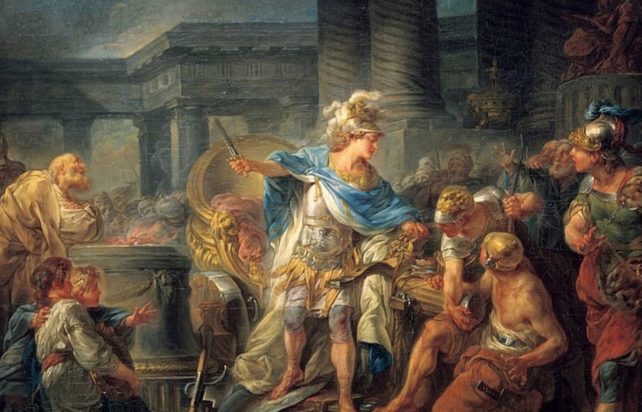 Έργο του ζωγράφου Jean-Simon Berthélemy (1743–1811) δείχνει τον Μέγα Αλέξανδρο να κόβει τον Γόρδιο Δεσμό. Το έργο βρίσκεται στο Μουσείο του Λούβρου.