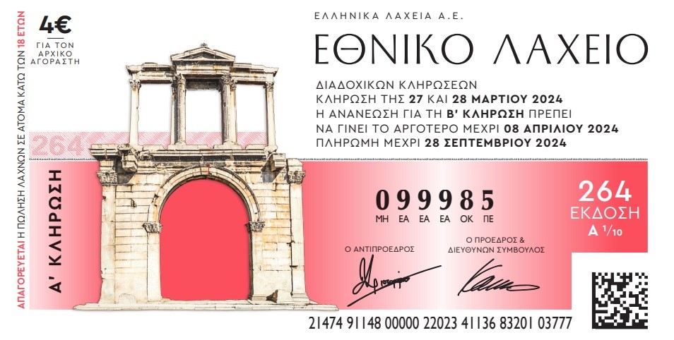 Διαθέσιμοι οι λαχνοί της νέας έκδοσης του Εθνικού Λαχείου με εγγυημένο έπαθλο 1 εκατ. ευρώ – Στις 27 Μαρτίου η πρώτη κλήρωση