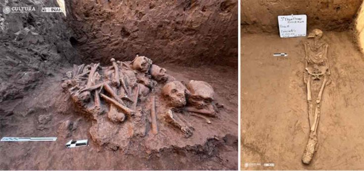 Στοιβαγμένα οστά προϊσπανικού συστήματος ταφής. Δεξιά: πλήρης σκελετός.