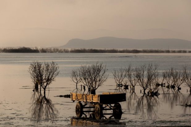 Φωτογραφία που δόθηκε στη δημοσιότητα το Σάββατο 30 Μαρτίου 2024 εικονίζει μία αγροτική καρότσα είναι βυθισμένη στο νερό, μετά τα ακραία πλημμυρικά φαινόμενα του περασμένου Σεπτεμβρίου, Καλαμάκι, Λάρισα, Σάββατο 23 Μαρτίου 2024. Επτά μήνες μετά την κακοκαιρία «Daniel» που προκάλεσε καταστροφικές πλημμύρες στη Θεσσαλία, η στάθμη της λίμνης Κάρλα δεν έχει επανέρθει σε φυσιολογικά επίπεδα, με το επίπεδο του νερού να μην υποχωρεί και να έχει ως αποτέλεσμα τα χωράφια της γύρω περιοχής να εξακολουθούν να είναι βυθισμένα κάτω από το νερό. Η λίμνη Κάρλα αποξηράνθηκε το 1962, επειδή την εποχή εκείνη προκαλούσε πλημμύρες στις παρακείμενες αγροτικές καλλιέργειες. Η έκταση της λίμνης Κάρλα, πριν τις πλημμύρες, τον Αύγουστο του 2023 ανερχόταν περίπου στα 35.700 στρέμματα ενώ σήμερα μετά τις πλημμύρες Ντάνιελ η εικόνα θυμίζει πλέον την αρχική έκταση της λίμνης, καθώς πάνω από 180.000 στρέμματα έχουν πλημμυρίσει.