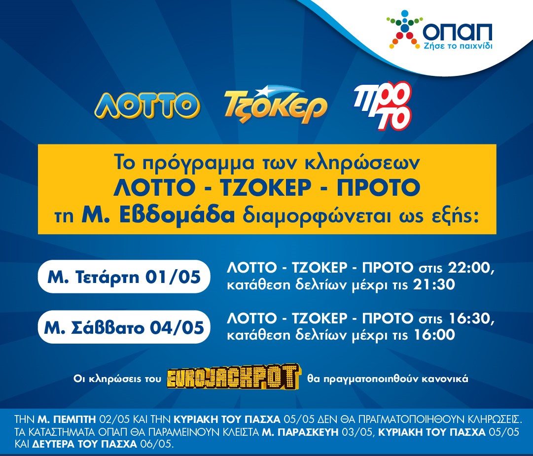 Πώς λειτουργούν τα καταστήματα ΟΠΑΠ τη Μεγάλη Εβδομάδα – Τι αλλάζει στις κληρώσεις ΤΖΟΚΕΡ, ΛΟΤΤΟ και ΠΡΟΤΟ