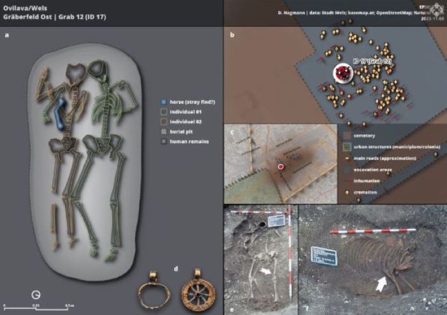 (Α) Απεικόνιση της διπλής ταφής, (Β) και (Γ) η θέση τους μέσα στο νεκροταφείο, (Δ) δύο χρυσά μενταγιόν, που βρέθηκαν ως κτερίσματα, (Ε) φωτογραφία των δύο ατόμων και (ΣΤ) τα λείψανα του αλόγου.