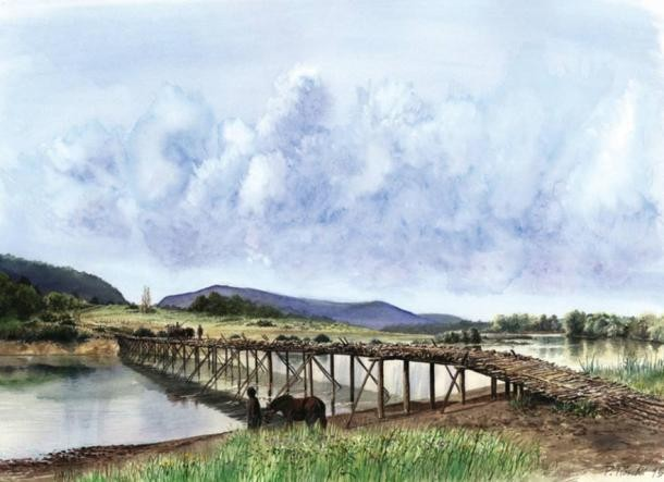 Καλλιτεχνική αποτύπωση της γέφυρας Cornaux/Les Sauges από τον P. Roeschli. (© LATÉNIUM - PARC ET MUSÉE D'ARCHÉOLOGIE DE NEUCHÂT/ΕΘΝΙΚΟ ΤΑΜΕΙΟ ΕΛΒΕΤΙΑΣ)