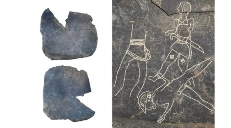 Επάλληλα σχέδια των τριών πολεμιστών στη μάχη που ήταν σκαλισμένα στο σχιστόλιθο. (Φωτογραφία: E. Rodríguez/M. Luque/CSIC)