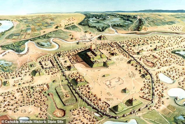 Πάνω, η αντίληψη ενός καλλιτέχνη για την περιοχή Cahokia Mounds. Η εικόνα απεικονίζει το μεγάλο λόφο μοναχών στο κέντρο της τοποθεσίας με την Μεγάλη Πλατεία στα νότια. Η τοποθεσία περιλαμβάνει γη κατά μήκος του ποταμού Μισισίπι από το σημερινό Σαιντ Λούις του Μιζούρι στο νοτιοδυτικό Ιλινόις