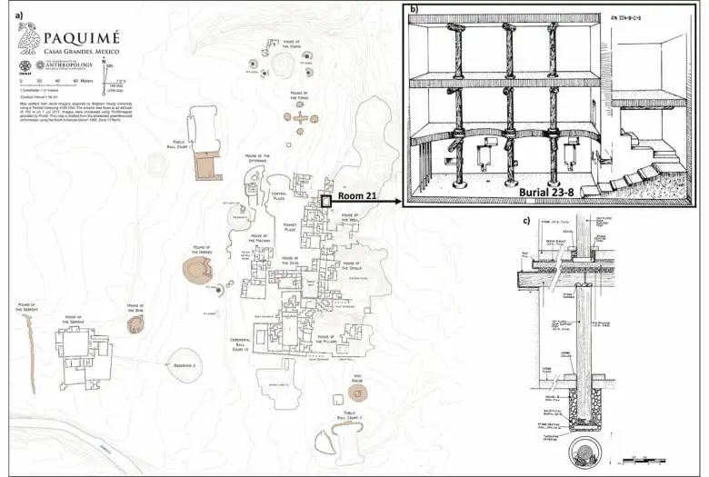 H τοποθεσία του δωματίου 21 και της ταφής 23-8 στο Paquimé α) χάρτης του Paquimé των S. Ure & M. Searcy β) διάγραμμα του δωματίου 21. Φωτογραφία: Di Peso και συν.1974 / Ίδρυμα Amerind