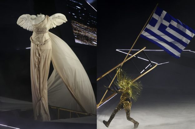 Ολυμπιακοί Αγώνες 2024 τελετή λήξης χρυσός εξερευνητής ελληνική σημαία Νίκη της Σαμοθράκης