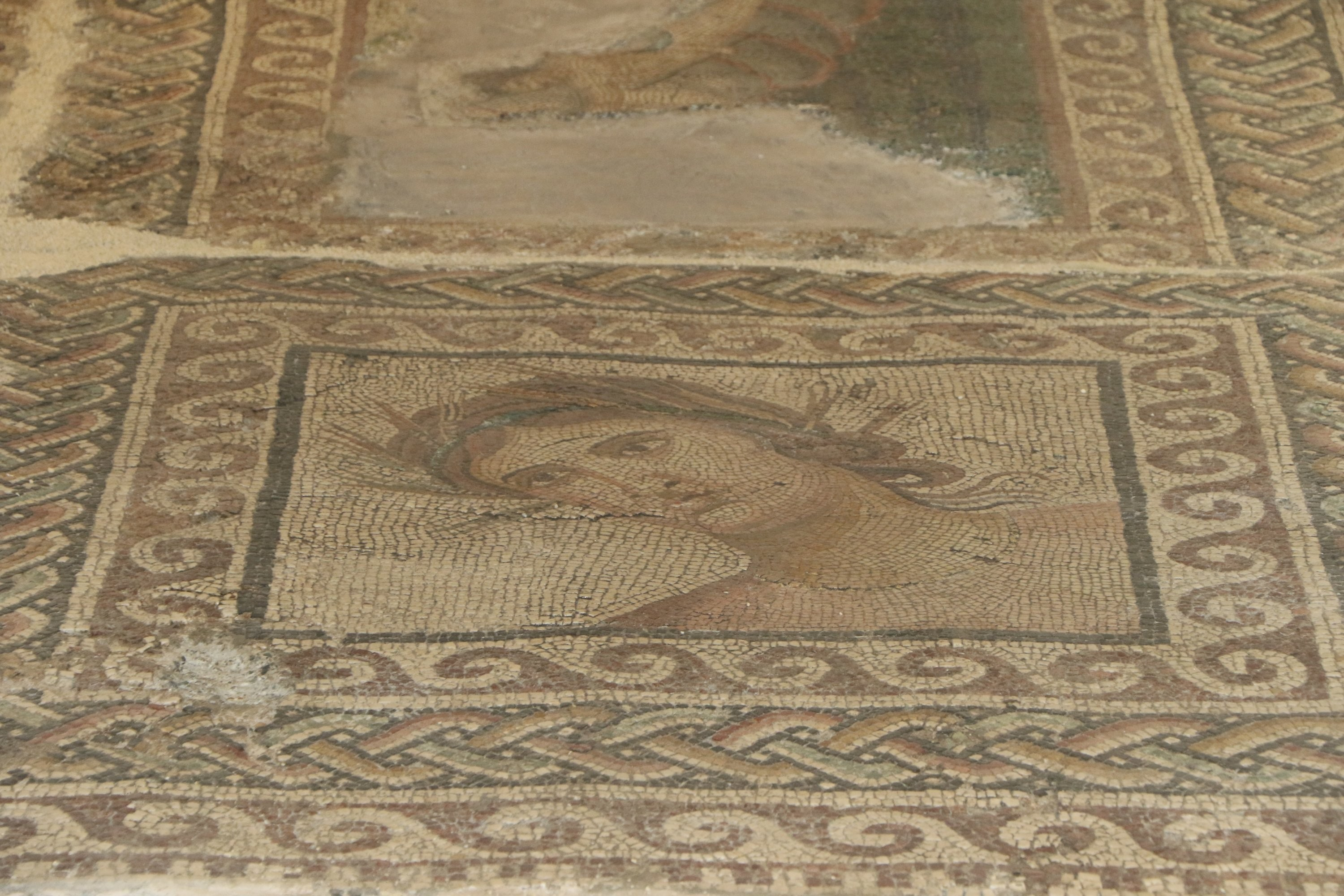 Το μωσαϊκό αναπαριστά μία σκηνή από το ταξίδι του Αχιλλέα στον Τρωικό Πόλεμο, με τον κεντρικό ήρωα της Ιλιάδας, να περιστοιχίζεται από γυναικείες φιγούρες με την μορφή θεών. Φωτογραφία: DHA