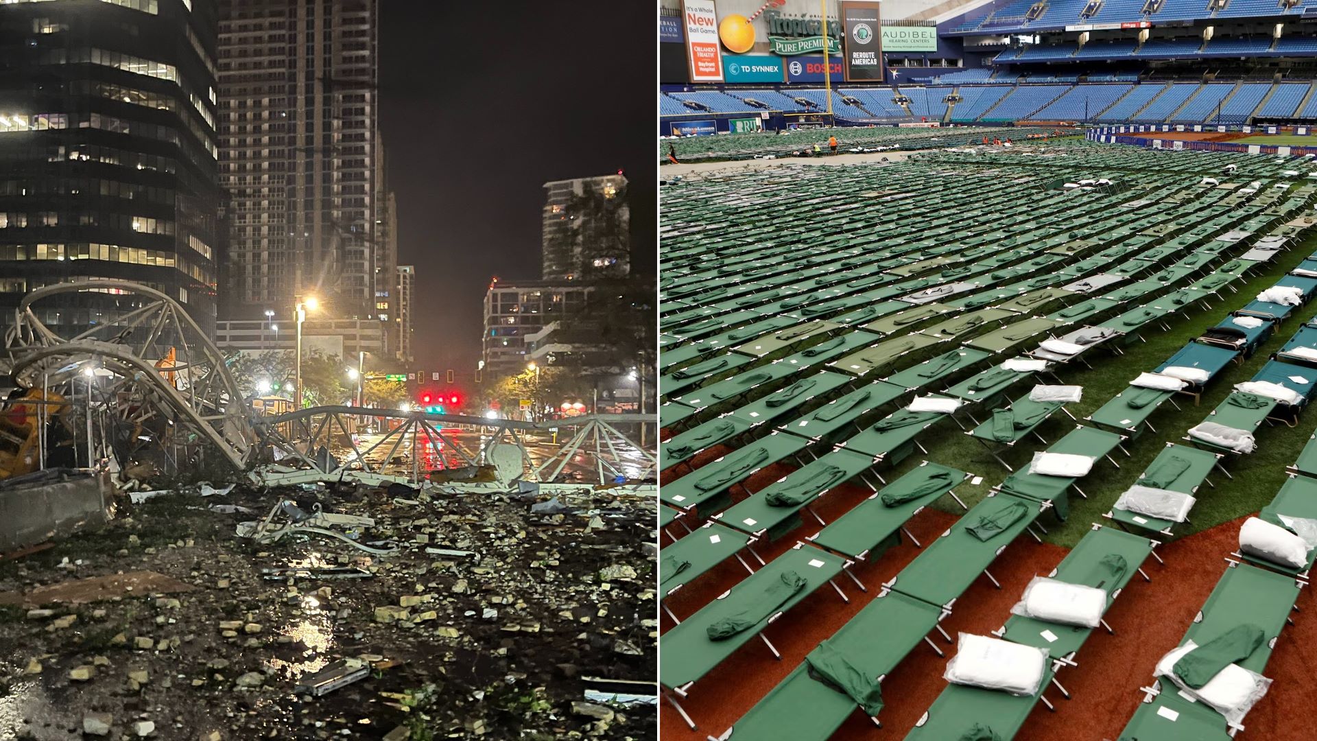 Τυφώνας Milton: Ισχυρές ριπές ανέμου έριξαν έναν γερανό σε διπλανό κτίριο – Ξηλώθηκε η οροφή σταδίου που θα φιλοξενούσε διασώστες