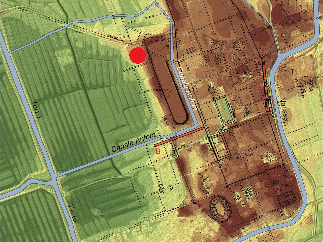 Το σημείο που ανακαλύφθηκε η εκκλησία, στον χάρτη της Ακυληίας.