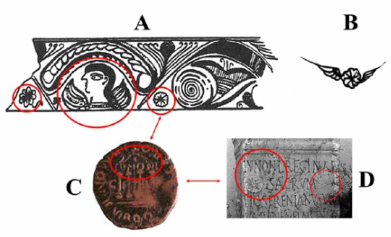 Ευρήματα που απεικονίζουν τη φτερωτή Αροδίτη. Φωτογραφία: García Hernández, 1987 / MARQ / Balneario de Alange
