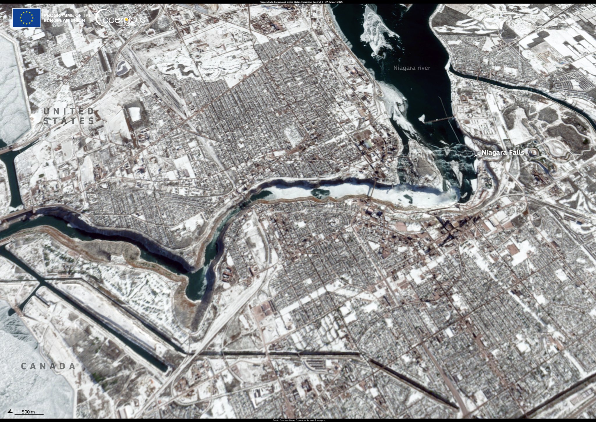 Νιαγάρας: Εντυπωσιακή δορυφορική εικόνα από το Copernicus με τους παγωμένους καταρράκτες