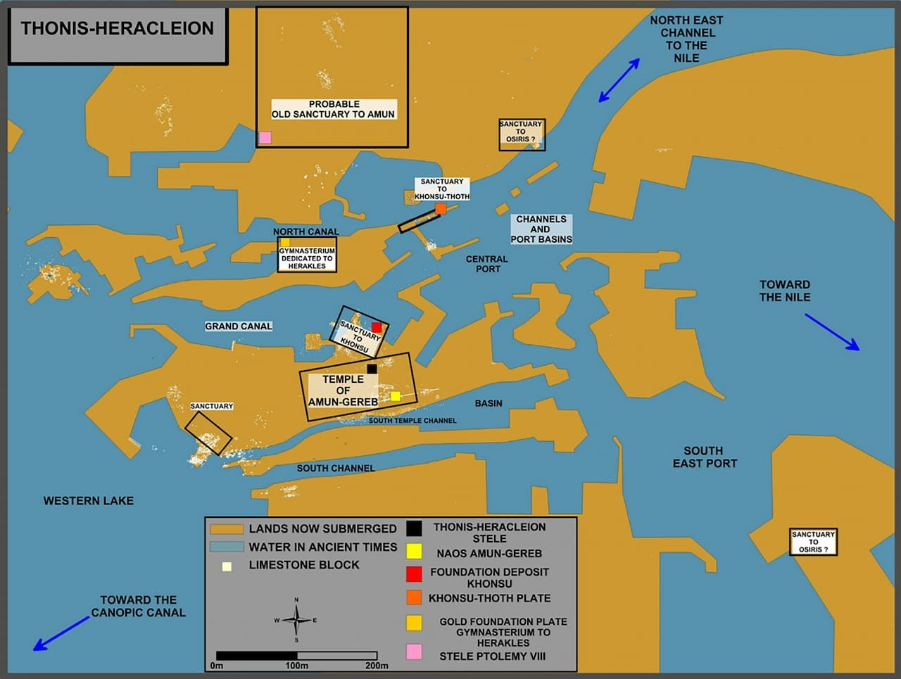 Χάρτης με τα σημαντικότερα ευρήματα και τα ιερά της αρχαίας πόλης Θώνις. Φωτογραφία:Εκπληκτική ανακάλυψη: Ανάλυση των δαχτυλικών αποτυπωμάτων σε αγαλματίδια της αρχαιότητας, αποκάλυψε ότι τα κατασκεύαζαν γυναίκες και παιδιά – τι αποκαλύπτει για το εμπορικό δίκτυο και τις επιρροές της αρχαίας Ελλάδας. Φωτογραφία: Franck Goddio / Hilti Foundation